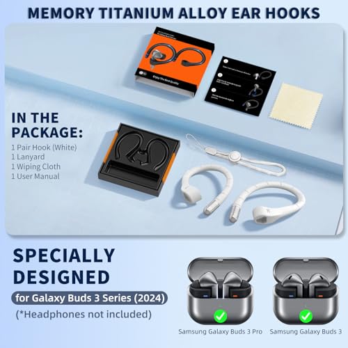 Image of Anti-Slip Ear Hooks for Galaxy Buds 3 Pro (2024) & Galaxy Buds 3 FE (2025), Comfortable Fit | Sports Anti-Loss | Memory Titanium Alloy Ear Hooks Compatible for Samsung Buds 3 Earbuds w /Lanyard, White