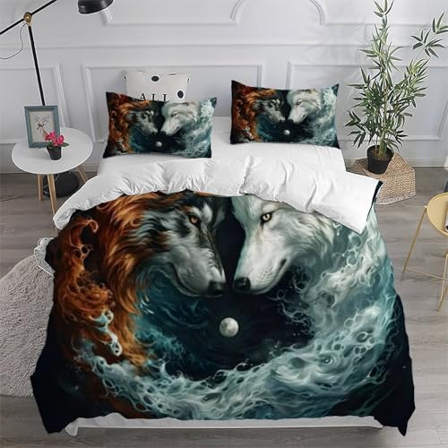 Housse de couette loup fermeture éclair microfibre imprimé 3D glace et feu King