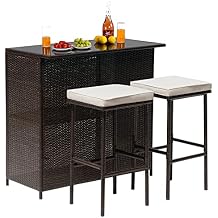 Wicker Patio Furniture 3 Piece Patio Bar Table Set Chairs Wicker Outdoor Rattan Bistro Set Glass Top Table and Two Stools for Yard or Backyard