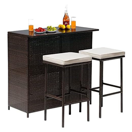 FDW Wicker Patio Furniture 3 Piece Patio Bar Table Set Chairs Wicker Outdoor Rattan Bistro Set Glass Top Table and Two Stools for Yard or Backyard