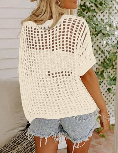 Zeagoo Spring Tops for Women Crew Neck Trendy Summer Sweater 2026 Beach Vacation Clothes Business Casual Outfits Beige - image 4
