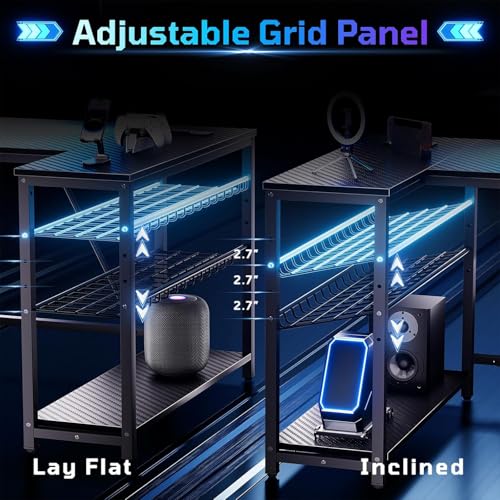 Bestier Gaming Desk with Power Outlets, 42\" L-Shaped Computer Desk with LED Lights, Desk with Reversible Storage Shelves & Hooks for Small Spaces, Bedrooms & Offices, Black Carbon Fiber - Thumbnail 5