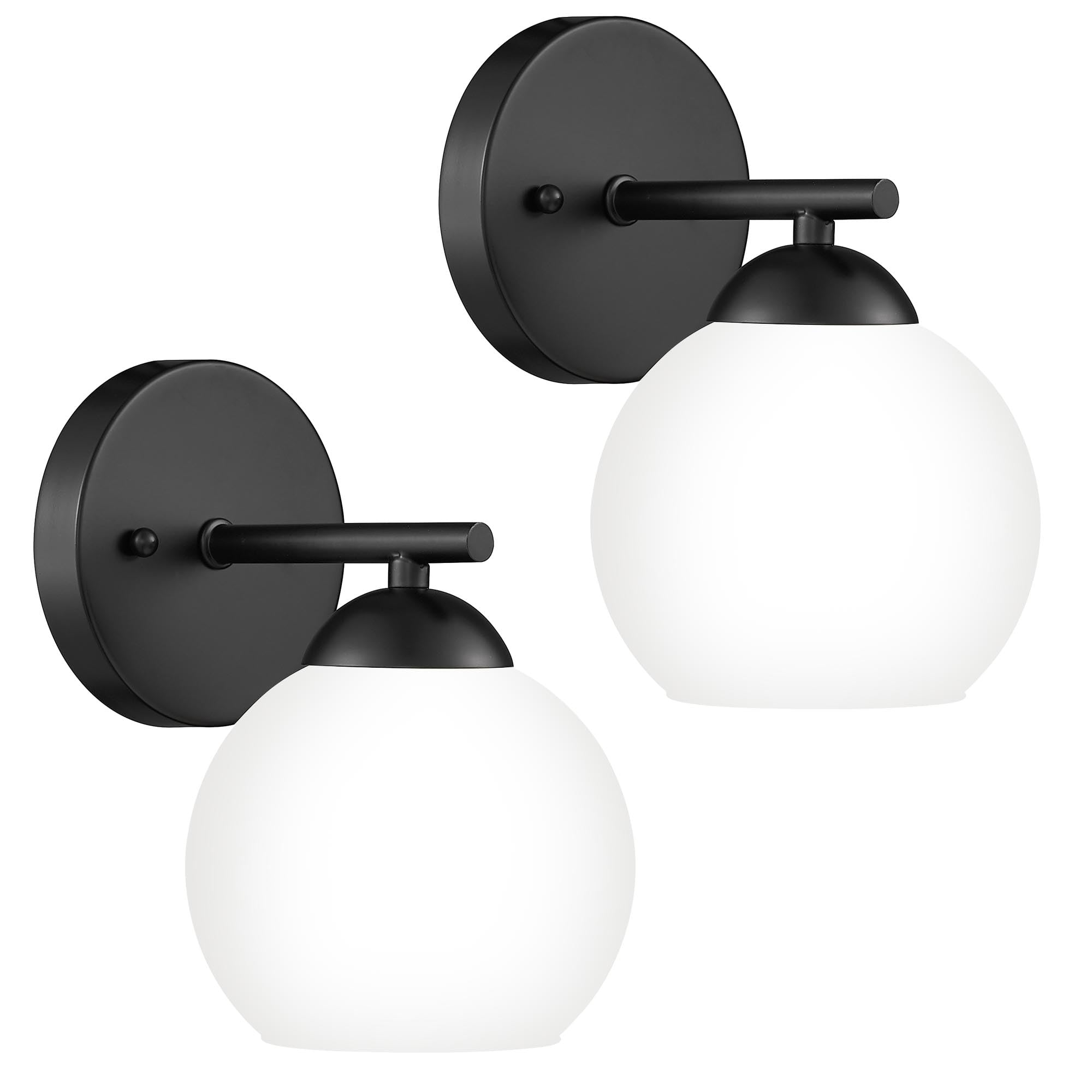 Emak Globe Wall Sconces Set of 2, Black Bathroom Light Fixtures with Milk Glass Shade, Modern Wall Light Fixtures for Living Room, Pictures, Bedroom, Bathroom, WS114-BK-ML-2PK