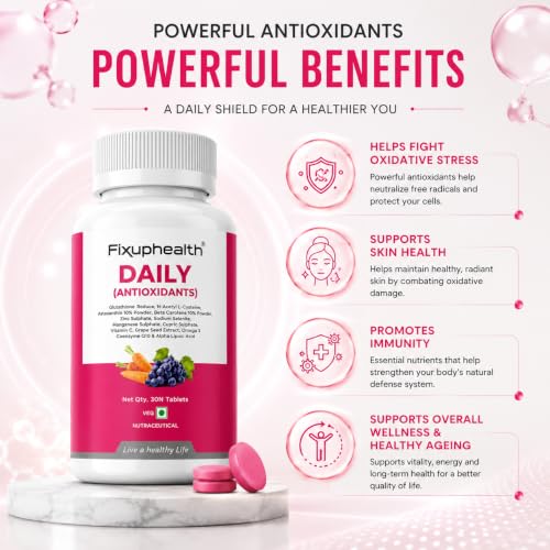 Image of Fixuphealth Daily Antioxidants Coenzyme Q10 & Glutathione Supplement | NAC, Astaxanthin, Alpha Lipoic Acid, Grape Extract, Zinc & Selenium | Skin Brightening, Hair, Eye & Immunity Support | 30 Tablet