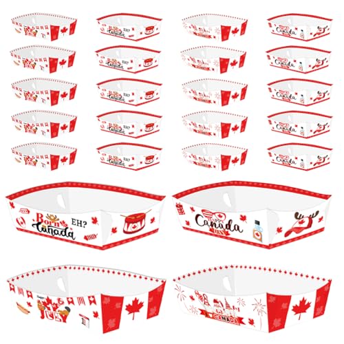 LOGOFUN 24PCS Canada Day Maple Leaf Party Snack Serving Boat Shaped Paper Trays for Hot Dogs Popcorn Fries Carnival Picnic Decorations - 4 Patterns