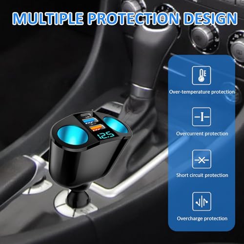120W Car Cigarette Lighter Multi Socket, Dual 12V Splitter Adapter USB C QC3.0 PD, Car Multi-Socket Lighter Extension, Double Cigarette Adaptor Charger with LED Voltmeter for Phone GPS Dash Cam - Image 5