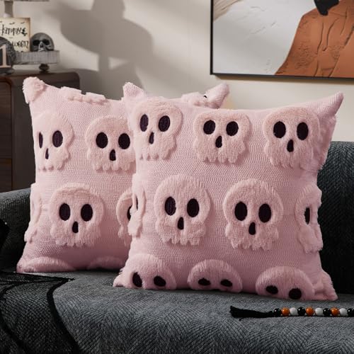DFXSZ Halloween Pillow Covers 18x18 inch Set of 2 Pink Skeletont Halloween Decorations Soft Plush Faux Fur Wool Couch Cushion Case for Chair Sofa Bedroom Living Room Home Decor PTK04F18