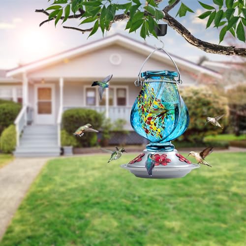 BOLITE Hummingbird Feeder, Hand Blown Glass Hummingbird Feeders for Outdoors Hanging with Ant Moat, 5 Bee-Proof Ports, Leak-Proof, 360° Perch, 22oz, Blue, Gifts for Women Men, Gifts for Mom Dad by BOLITE - Image 2
