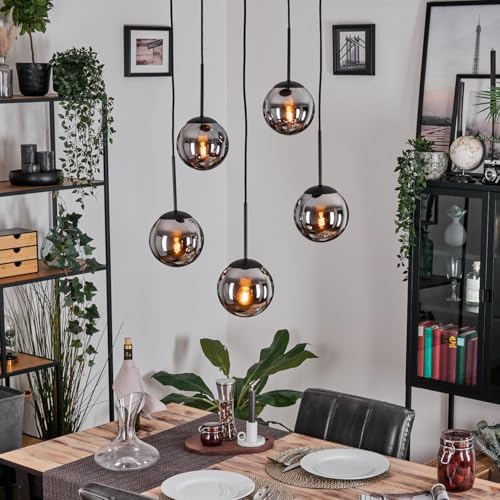 HOFSTEIN Hängeleuchte Gastor, 5-flammige Hängelampe aus Metall/Glas in Schwarz/Chrom/Rauch, Retro/Vintage-Design (Ø 15cm), E14, Pendelleuchte höhenverstellbar bis 137cm, Esszimmer, Wohnzimmer, Küche