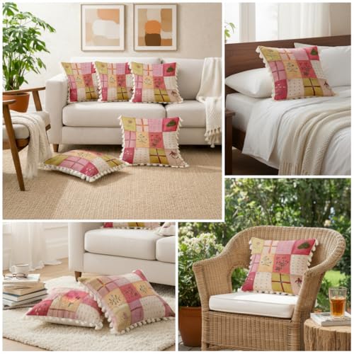 Image of STITCHNEST 'Little Meadow Series' Tassled Cushion Cover | Set of 2 | Floral Cushion Cover 16 inch x 16 inch