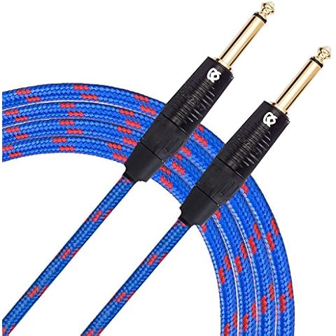 KLIQ Music Gear Guitar Instrument Cable, 10 Ft - Custom Series with Premium Rean-Neutrik 1/4" Straight Gold Plugs 10 Feet Blue/Red Tweed Cover
