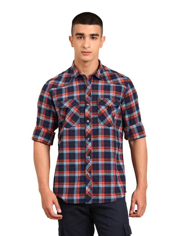 Image of Cavallo by Linen Club Men's Blended Linen Checked Contemporary Fit Full Sleeve Casual Shirt