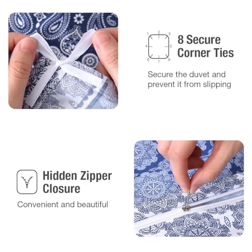Image of Lekesky Boho Queen Size Duvet Cover Set, Boho Blue Retro Comforter Cover Queen Size Floral Striped Printed, Luxury Soft Microfiber Bedding Set with Zipper Ties