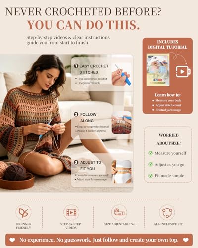 Image of Aeelike Beginner Crochet Kit for Adults, Crochets Set w Ombre Cotton Yarn & Step-by-Step Video Tutorials, Boho Coverup Sweater Mesh Top for Women Ideal DIY Gift Crochet Kit for Beginners,Boho Brown