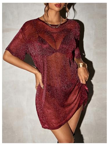 Image of Floerns Women's Glitter Sparkly Short Sleeve Sexy Party Dress Sheer Mesh Loose Club Rave Concert Festival Short Dress