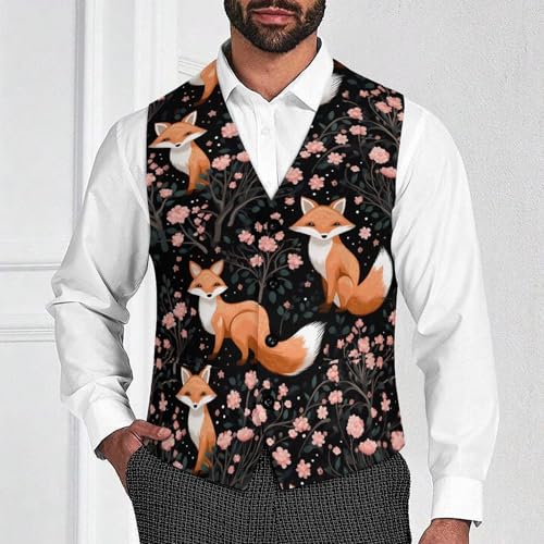 Cherry Flowers FoxMen's Suit Vest Slim Fit Formal Dress Waistcoat V Neck Casual Business Vests for Suit Or Tuxedo2
