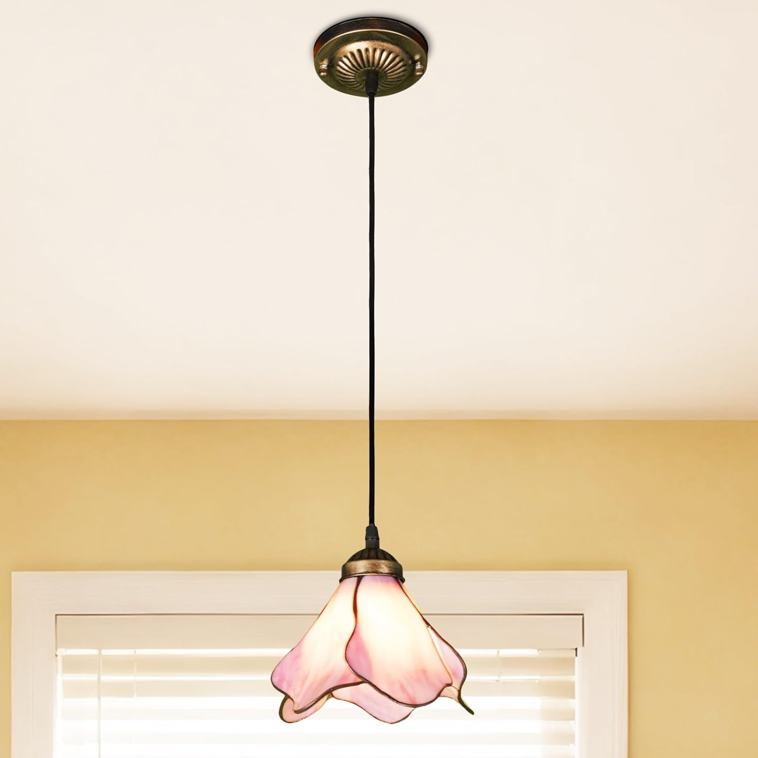 8-Inch Pink Glass Ceiling Pendant Light, Vintage Style Semi Flush Mount Light Fixture, Adjustable Single Head Hanging Lamp for Dining Room Kitchen Island Farmhouse