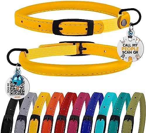 BRONZEDOG Cat Collar with Bell Kitten Rolled Leather Collars Safety QR ID Name Tag (8" - 10", Mustard Yellow)