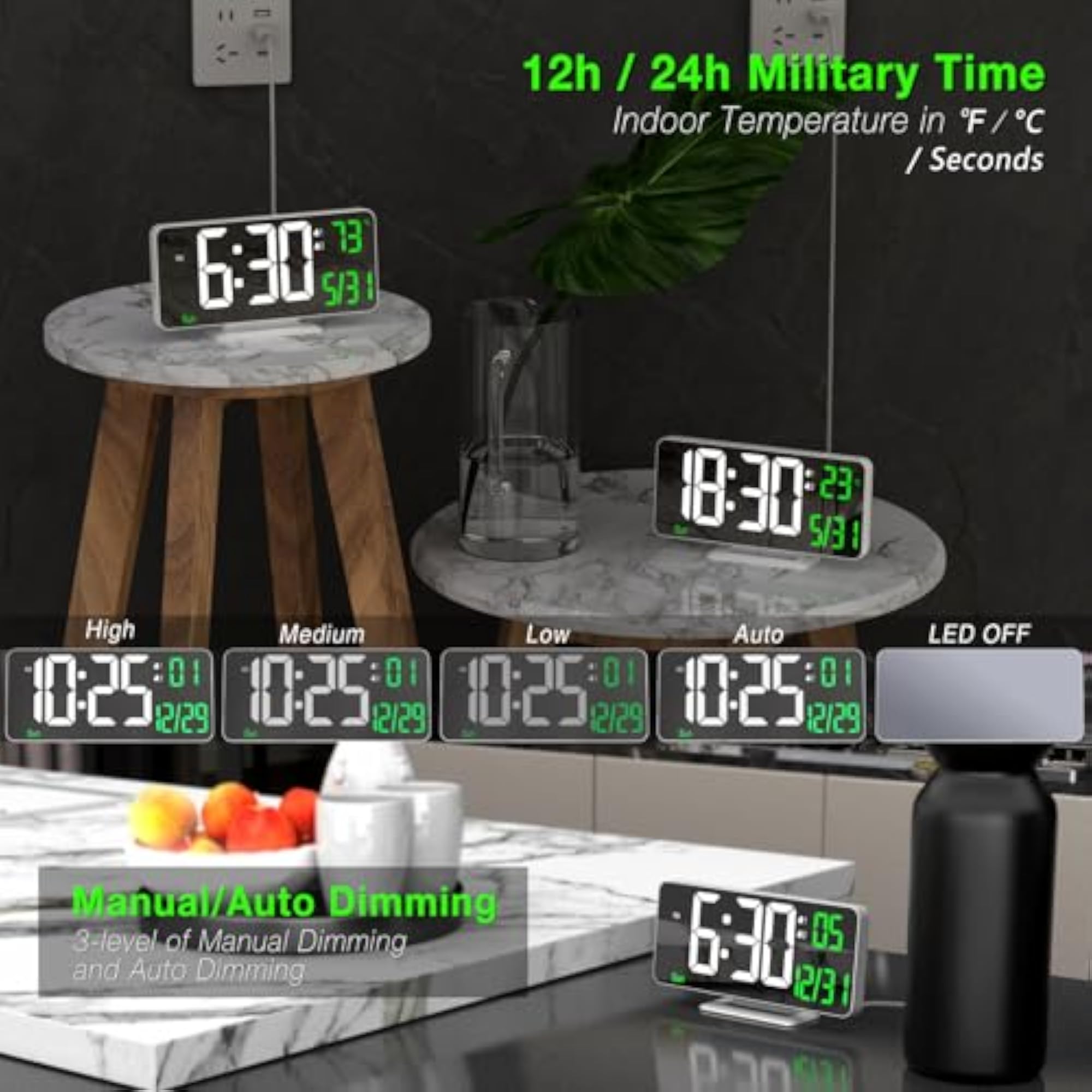 6.7 Inch LED Desk Clock with Double Alarm