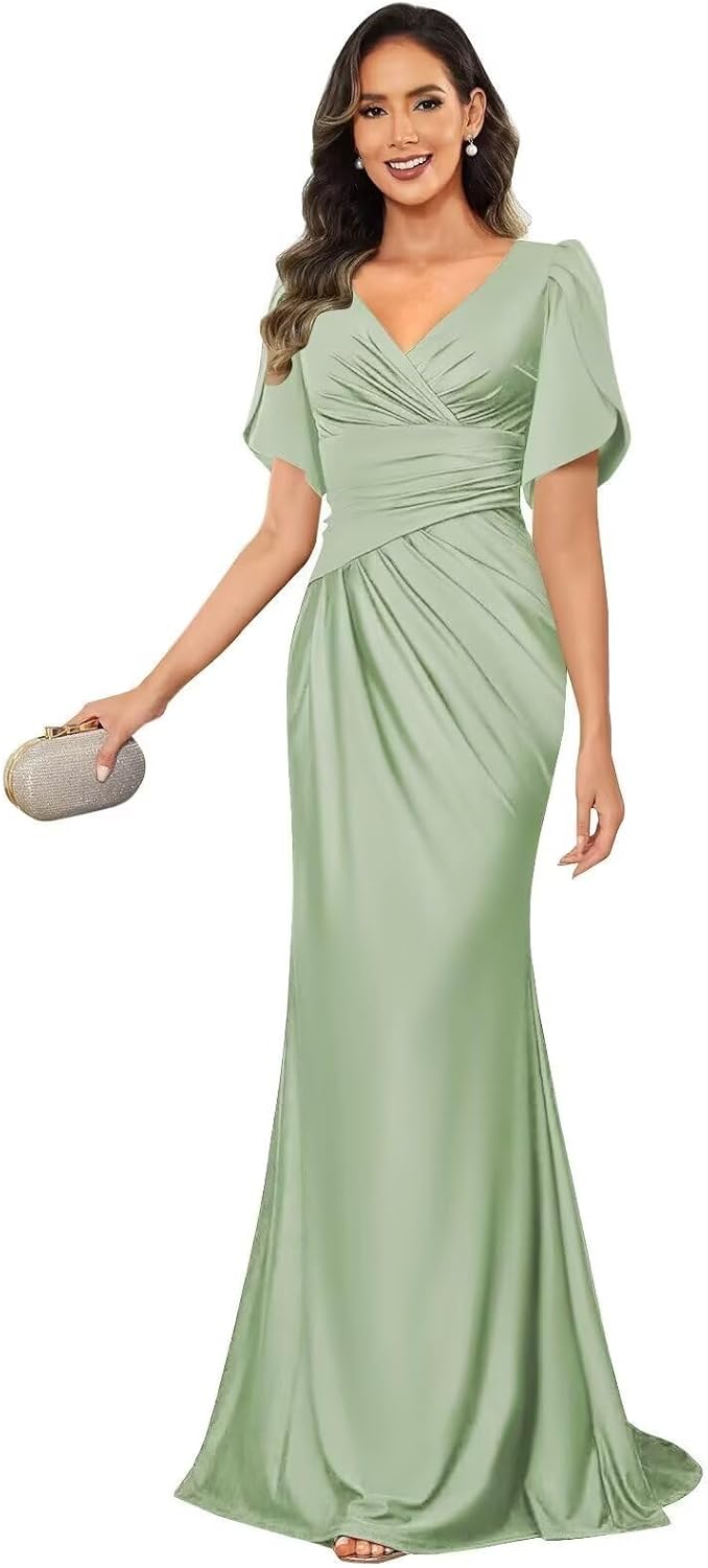 Satin Mermaid Mother of The Bride Dresses for Women Short Sleeve Long V Neck Formal Dress for Women