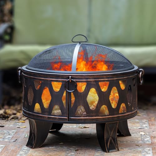 MistMo 26\" Fire Pit with Cooking Grill, Outdoor Wood Burning Firepit with Spark Screen, Metal Round Design for Patio, Bonfire Party, Camping