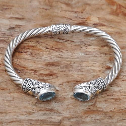 NOVICA Artisan Handmade Gold Accented Blue Topaz Cuff Bracelet from Indonesia [18 in L 2 mm W Pendant(s) 1.3 in L x 0.9 in W x 0.2 in D] ' Dragonfly Den in Blue'4