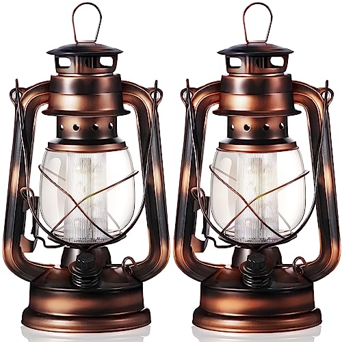 Image of Hortsun 2 Pieces 8 Inch Vintage LED Hurricane Hanging Lantern | 12 Warm Leds, Dimmer Switch, Battery Operated, Farmers Hanging Lantern for Indoor Outdoor Camping Usage Decor