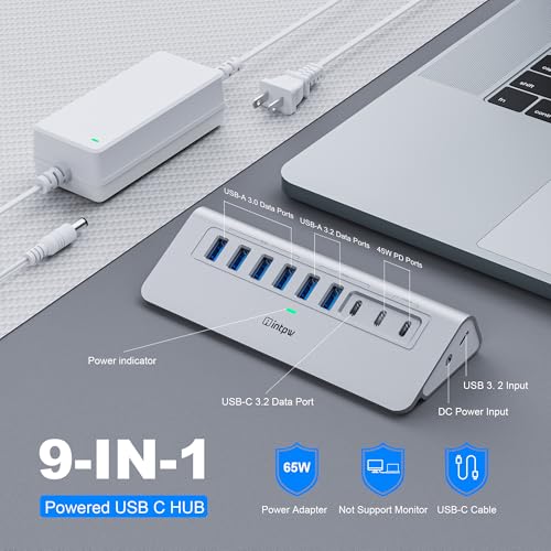 Powered USB Hub, Intpw 9-Port USB 3.2/USB C Hub with 10Gbps, 3*USB 3.2 + 4*USB-A 3.0 + 45W PD Charging Ports, 3.3FT Cable and 65W Power Adapter, Aluminum USB Hub for PC/Laptop/iphone17/16/ipad/Macbook by intpw - Image 2