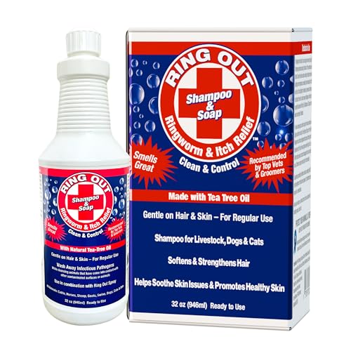 Ring Out Shampoo and Soap 32 oz - Low SUDSING Pet Dog Show Livestock Shampoo w/Tea Tree Essential Oil Strengthens & Promotes Health of Hair While Reducing Hair Loss & Scarring Caused by Ringworm