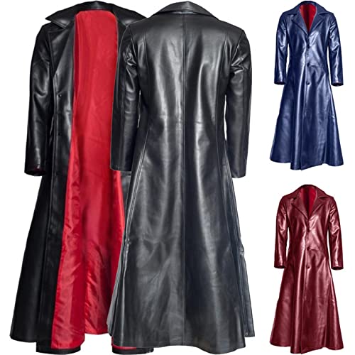 Mens Vintage Faux Leather Trench Coat Steampunk Gothic Full Length Overcoat Windproof Big And Tall Motorcycle Jacket Red #TOP2