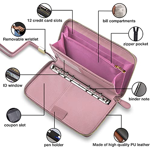 Image of Three Way Cut Cash Envelope Wallet Pink All in One Budget System RFID Blocking with 12x Tabbed Envelopes 12x Monthly Budget Cards 1x Yearly Budget Planner Sheet Complete Money Organizer Set