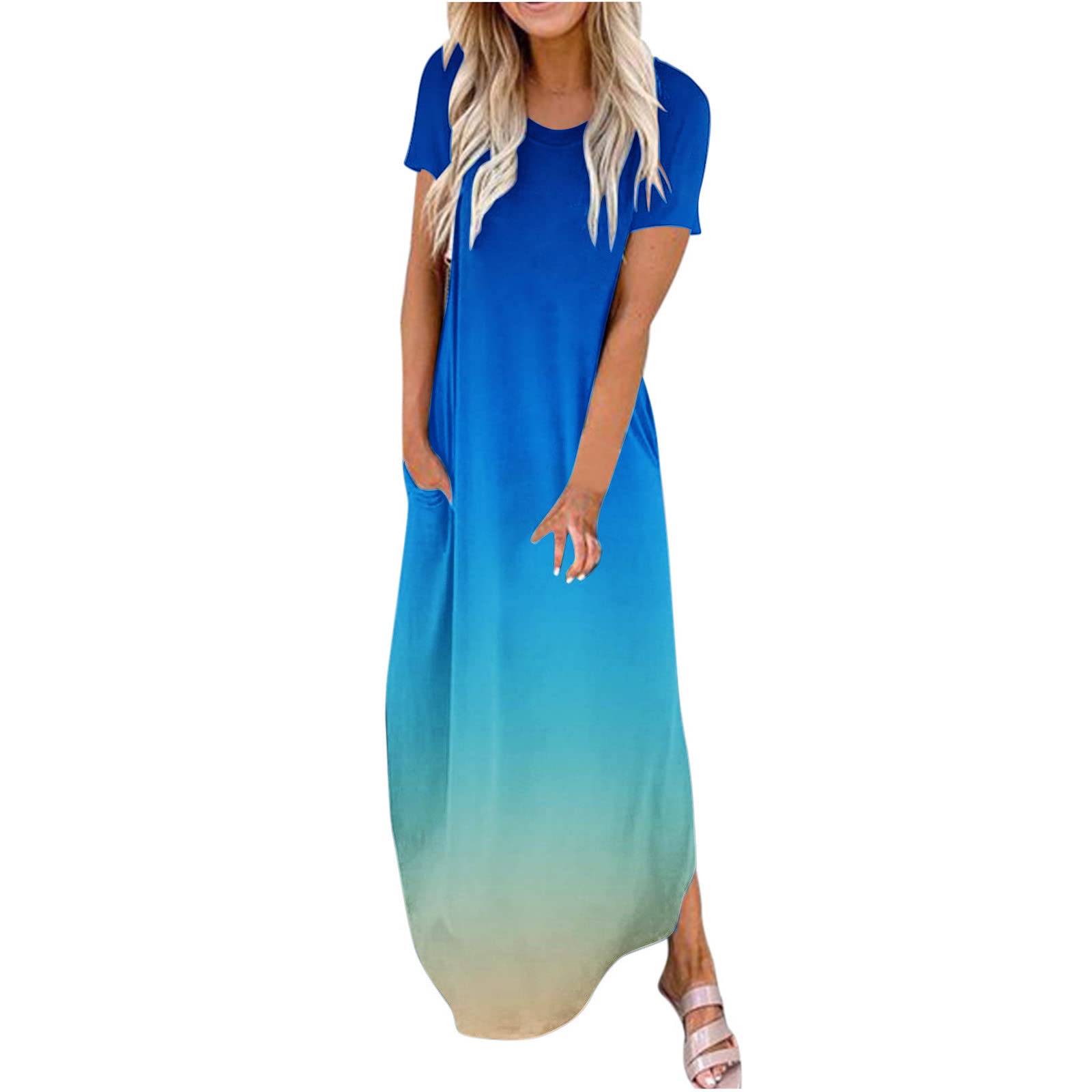 JPVDPAMaxi Dress for Women Short Sleeve Crewneck Summer Dresses Tie Dye Printed Loose Pockets Dress Beach Flowy Long Dress