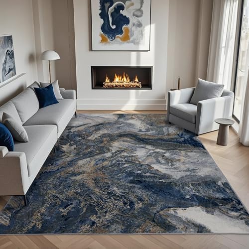 Modern Washable Rug for Living Room: Abstract 5x7 Area Rugs for Bedroom Low Pile Non Slip - Stain Resistant Carpet for Dining Room Indoor - Blue Gold