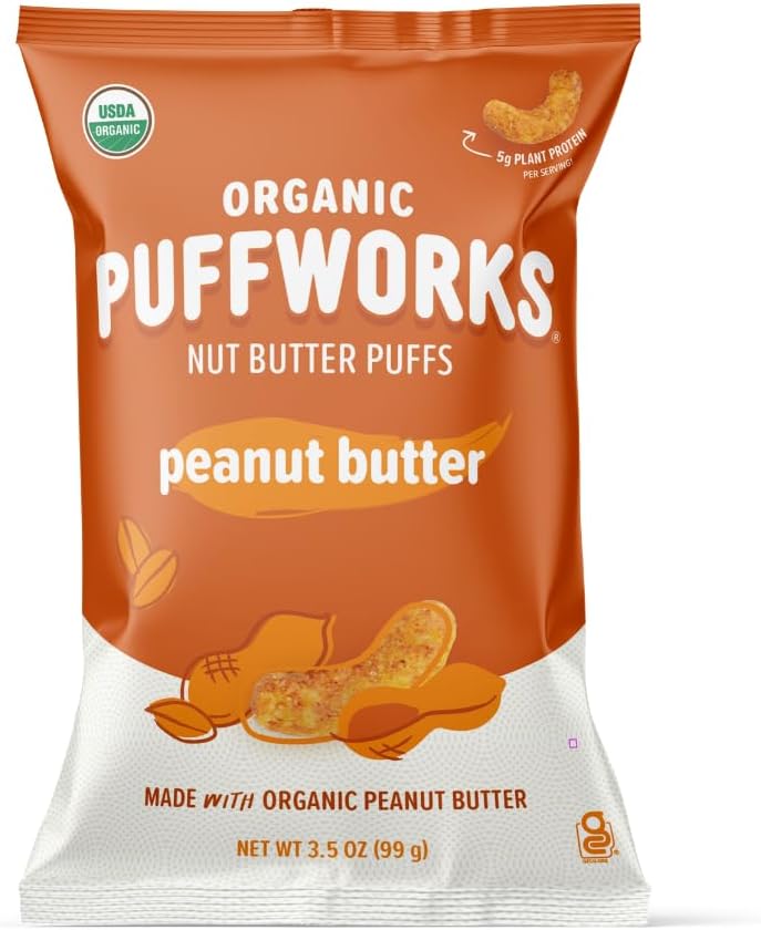 Puffworks Original Organic Peanut Butter Puffs, Plant-Based Protein Snack, No Added Sugar, Gluten- and Rice-Free, Vegan, Kosher, 3.5 Ounce (Pack of 3)