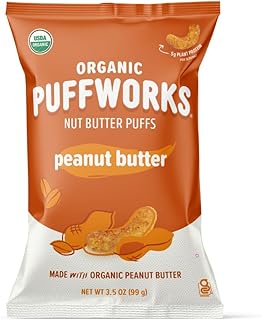 Puffworks Original Organic Peanut Butter Puffs, Plant-Based Protein Snack, Gluten- and Rice-Free, Vegan, Kosher, 3.5 Ounce (Pack of 3)