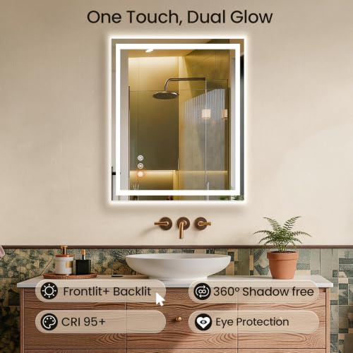 Image of 28x36 LED Bathroom Mirror with Anti-Fog, Backlit & Front Lit, Memory | Stepless Dimmable 3 Color CRI 95+ Shatterproof Tempered Glass ETL Listed for Safety Lighted Bathroom Vanity Mirror for Wall