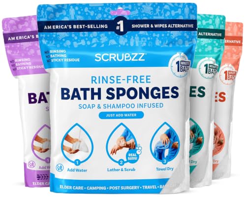Scrubzz Disposable No Rinse Bathing Wipes - All-in-1 Single Use Shower Wipes, Simply Dampen, Lather, and Dry Without Shampoo or Rinsing (Variety Pack, 4-Pack)