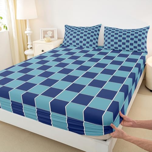 Image of Erosebridal Blue Plaid Bed Sheets Full Navy Blue Checkered Sheet Set Geometric Grids Gingham Bedding Set for Kids Boys Girls,Soft Lightweight Fitted Flat Sheets 4 Piece