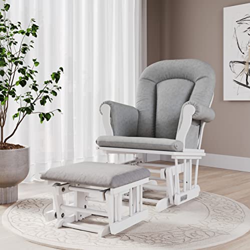Child-Craft-Cozy-Glider-Rocker-and-Ottoman-Set-Padded-Cushion-with-Convenient-Storage-Pockets-Solid-Wood-Base-Frame-Matte-White-with-Light-Gray-Cushion Child Craft Cozy Glider Rocker and Ottoman Set Padded Cushion with Convenient Storage Pockets Solid Wood Base Frame Matte White with Light Gray Cushion