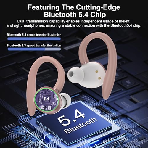 Image of PEFUPEW Wireless Earbuds, Bluetooth 5.4 Headphones Sport, Over Ear Buds with ENC Noise Cancelling Mic, 48H, Wireless Earphone with Earhooks, Stereo Deep Bass, IP7 Waterproof for Workout Running, Rose