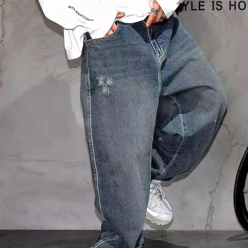 Men’S Hip Hop Stacked Baggy Straight Leg Denim Pants Slim Fit Full Length Button Fly Distressed Streetwear Trousers3