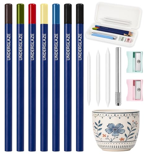 gisgfim 14Pcs Underglaze Pencil Set 7Pcs Ceramic Glaze Pencils Multicolor Underglaze Pottery Pencils Include Pen Case Blending Stumps Pencil Extenders and Sharpener Ceramic Tools for Art Creation