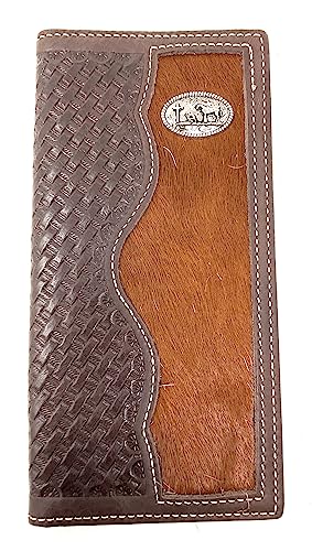 Western Basketweave Genuine Leather Cowhide Cow fur Praying Cowboy Men's Long Bifold Wallet in 3 colors (Coffee)