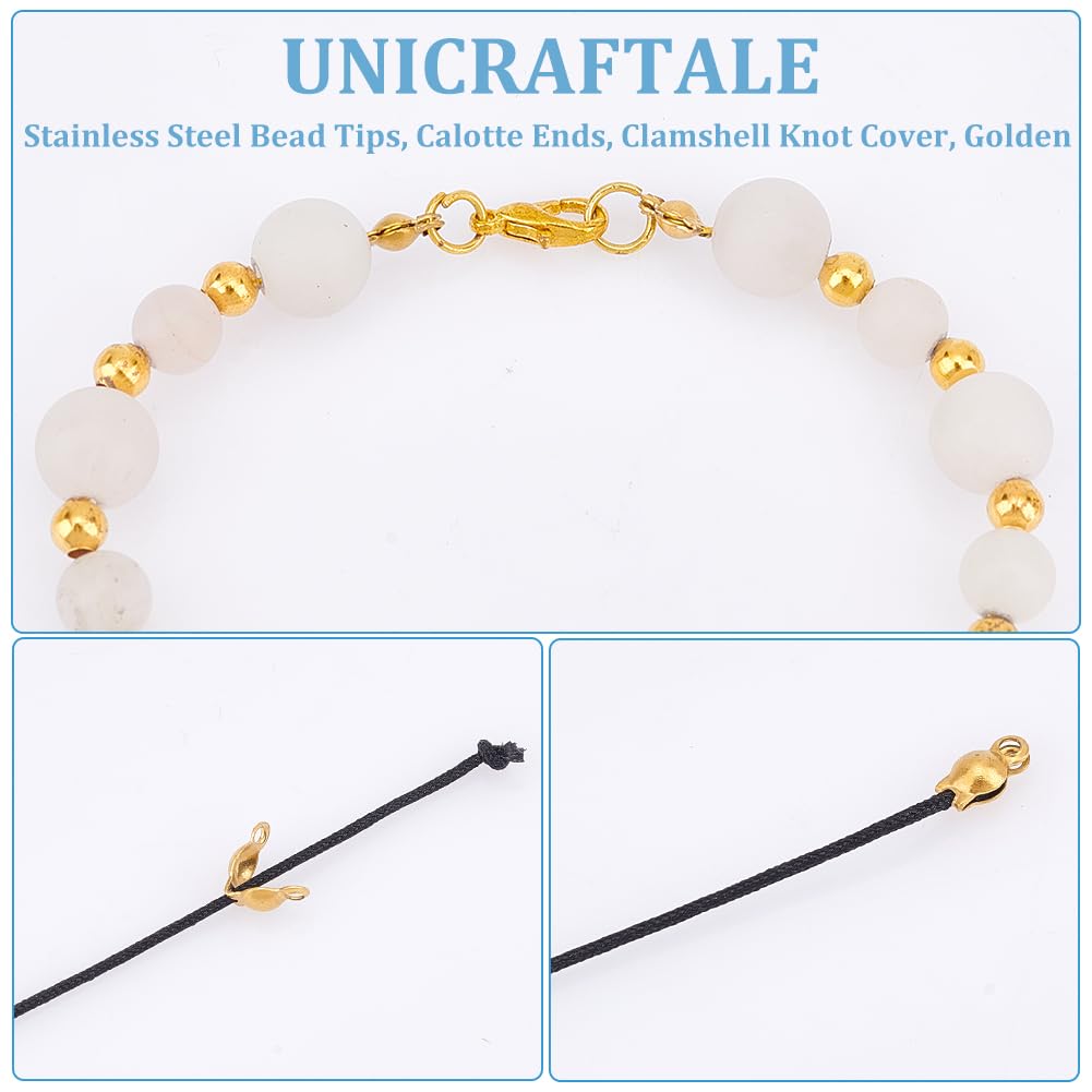 UNICRAFTALE 50 Punte Per Perline A Calotta In Acciaio Inox Oro – Coperchi Per Nodi 5x3x2mm (Foro 1mm) Per Creazione Gioielli Fai Da Te - 2