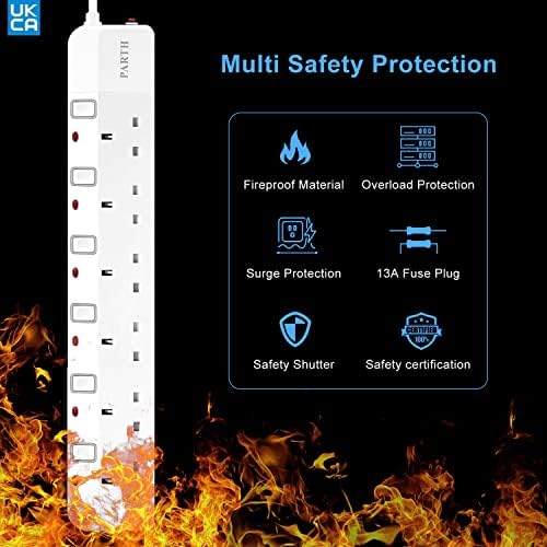 PARTH Surge Protected Extension Lead 3m Cable - 6 Way Surge Protection Multi Plug Extension with Individual Switches - UK Sockets Wall Mounted Power Strip 13A/3250W for Home, Motorhome, Travel, Office
