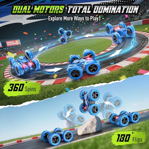 Image of Hamdol Remote Control Stunt Car for Kids, 360 Spinning Double-Sided RC Toy with Headlights, 4WD USB-C Rechargeable Vehicle for Boys Ages 6-12, Educational STEM Toy