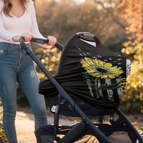 Image of Sunflower USA Flag Car Seat Covers Dust Cover Nursing Breastfeeding Covers for Babies Stretchy Multi-Use Multifunctional Breastfeeding Shawl Privacy Protection