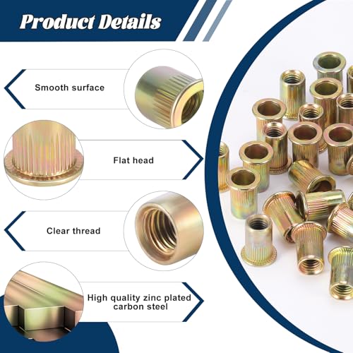 HSeaMall 50Stück Nietmuttern M8, Flachkopf Gewindenieten Blindnietmuttern Einnietmutter für Metall Kunststoff vergoldet Carbon Stahl Stift Mutter Zink-überzogener Kohlenstoffstahl-Niet-Nuss-flacher