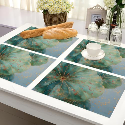 Sets de table en lin de qualité supérieure motif feuille de lotus dorée rectangle