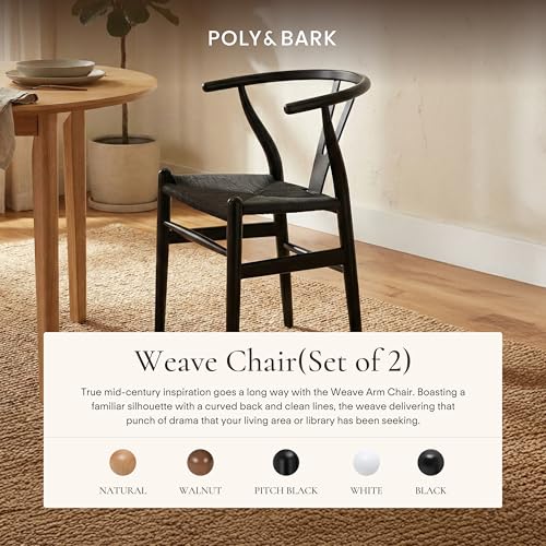 Image of Poly & Bark Weave Dining Chairs - Mid-Century Modern Wishbone Dining Chairs with Arms, Solid Wood Frame, Indoor Use - Pitch Black - Set of 2 - Ideal for Dining Room, Kitchen or Stylish Accent Setting